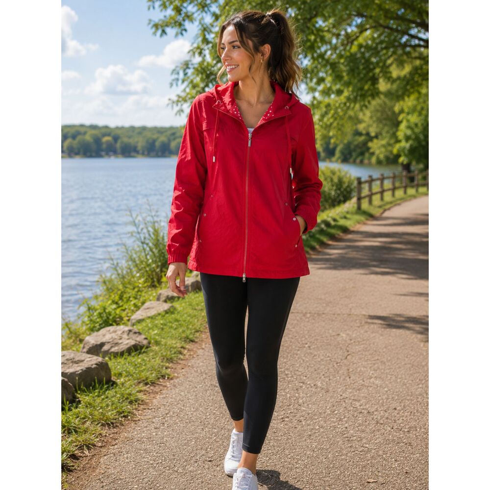 Studio Works Womens Size 1X Red Jacket Full Zip Polka Dot Lined Outerwear Casual